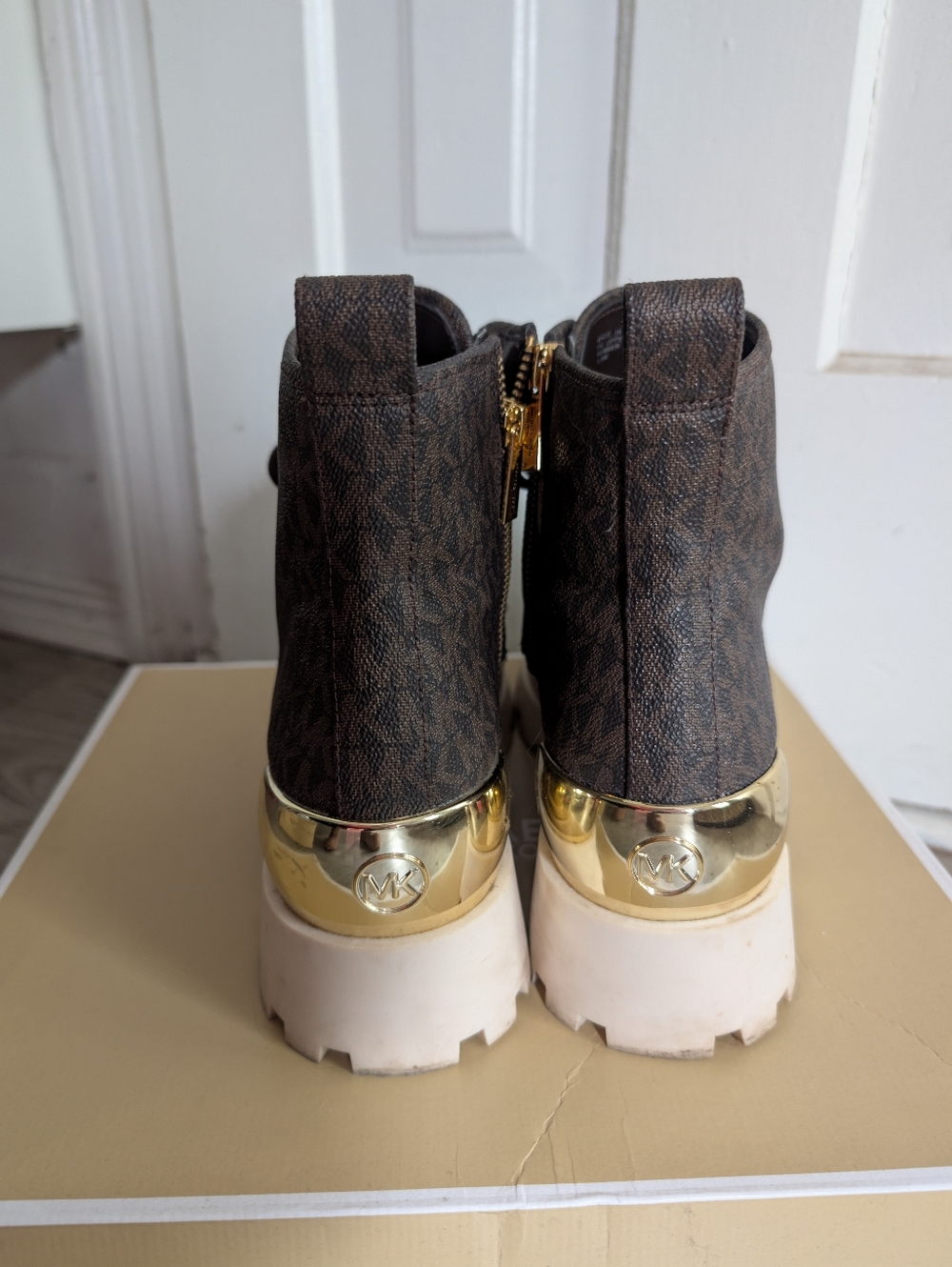 Michael Kors Brown Logo Lace-Up Lug Sole Ankle Boots with Gold Accents - Picture 5 of 6